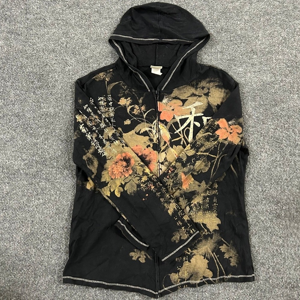 Lucky Brand Zip Up Hoodie Womens Size M Black Floral Calligraphy Cotton USA